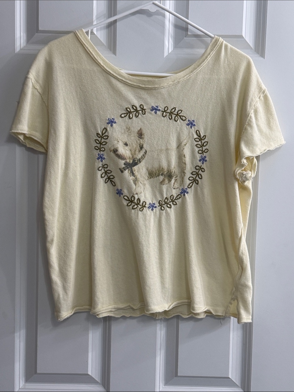 Free People/ We the FreeCream Short Sleeve Tee with Dog Graphic